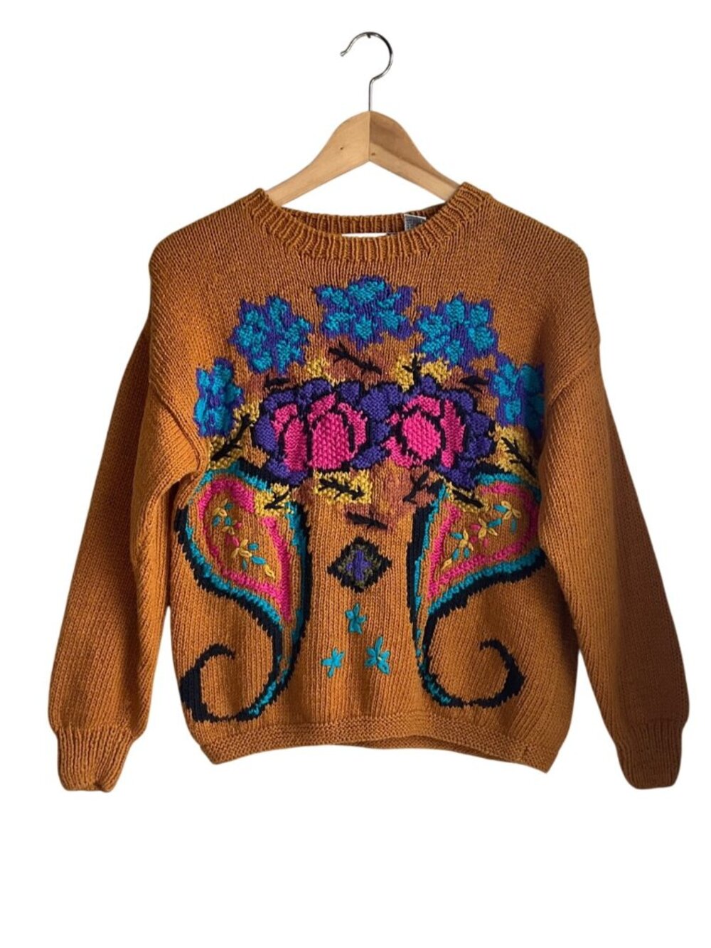 VTG Diversity Med Yellow Mustard Sweater Paisley Floral Embroidered Cotton